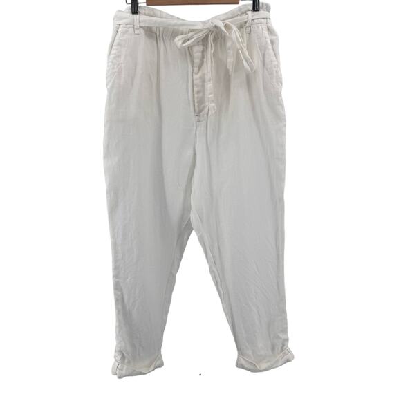 Free People White Paperbag High Waist Belted Linen Pant Womens Large Tapered Leg - Picture 2 of 10